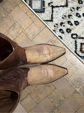 Tecovas Two-Tone Brown and Tan Lizard-Texture Cowboy Boots